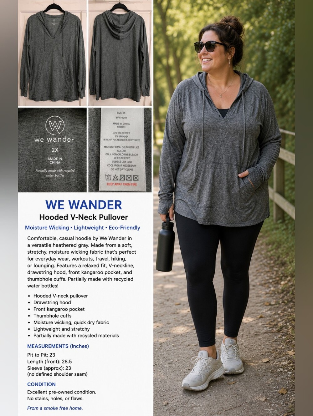 We Wander 2X Heather Gray Lightweight Hooded V-Neck Pullover